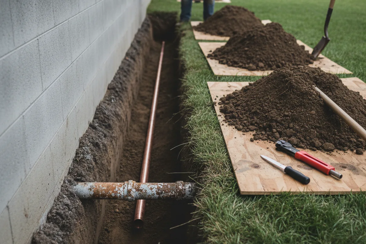 Excavated water line trench during Water Softener Installation in West Rutland